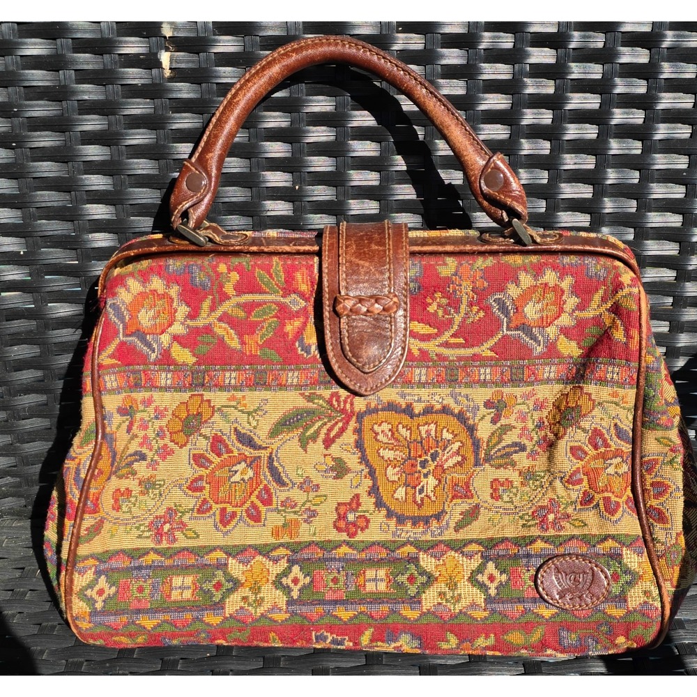 VTG Boho Victorian Tapestry Floral Doctor Bag Handbag Brown Leather Trim Woven
